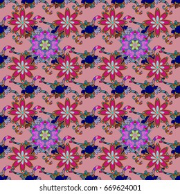 Background texture, wallpaper, floral theme in colors. Abstract ethnic vector seamless pattern. Tribal art boho print, vintage flower background.