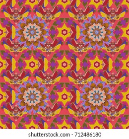 Background texture, wallpaper, floral theme in pink, yellow and brown colors. Abstract ethnic vector seamless pattern. Tribal art boho print, vintage flower background.