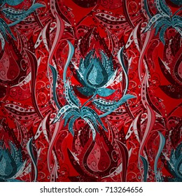Background texture, wallpaper, floral theme in red, blue and neutral colors. Abstract ethnic vector seamless pattern. Tribal art boho print, vintage flower background.