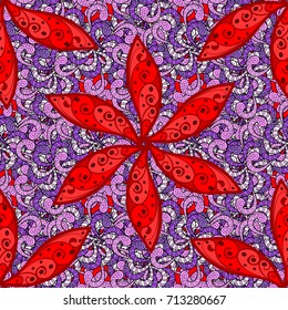 Background texture, wallpaper, floral theme in red, black and violet colors. Abstract ethnic vector seamless pattern. Tribal art boho print, vintage flower background.