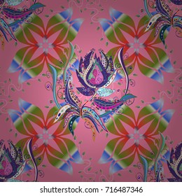 Background texture, wallpaper, floral theme in pink, neutral and blue colors. Abstract ethnic vector seamless pattern. Tribal art boho print, vintage flower background.