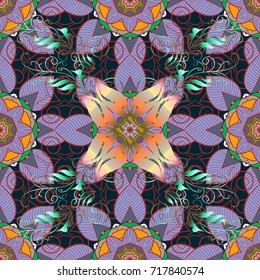 Background texture, wallpaper, floral theme in blue, red and neutral colors. Abstract ethnic vector seamless pattern. Tribal art boho print, vintage flower background.