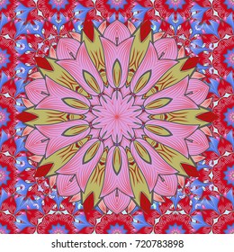 Background texture, wallpaper, floral theme in neutral, red and blue colors. Abstract ethnic vector seamless pattern. Tribal art boho print, vintage flower background.