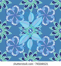 Background texture, wallpaper, floral theme in blue, neutral and green colors. Abstract ethnic vector seamless pattern. Tribal art boho print, vintage flower background.