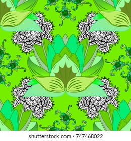 Background texture, wallpaper, floral theme in green, black and white colors. Abstract ethnic vector seamless pattern. Tribal art boho print, vintage flower background.
