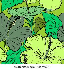 Background texture, wallpaper, multicolored floral theme. Abstract ethnic vector seamless pattern. Tribal art boho print, multicolor vintage flowers, leaves and buds on green background.
