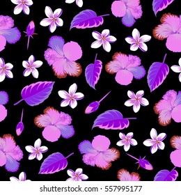 Background texture, wallpaper, multicolored floral theme. Abstract ethnic vector. Tribal art boho print, multicolor vintage flowers, leaves and buds on black background.