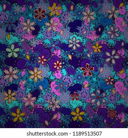 Background texture, wallpaper, theme in blue, violet and black colors. Abstract ethnic vector seamless pattern. Tribal art print, vintage background.