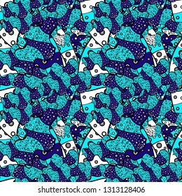 Background texture, wallpaper, theme in white, blue and black colors. Abstract ethnic vector seamless pattern. Tribal art print, vintage background.