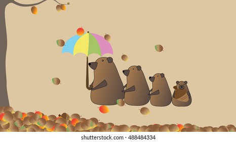 background texture of yellow leaves autumn leaf background with bear family