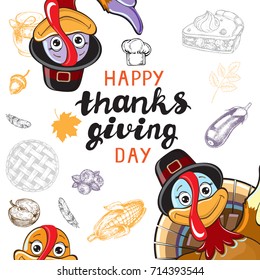 Background thanksgiving card with turkey and thanksgiving lettering on a white background