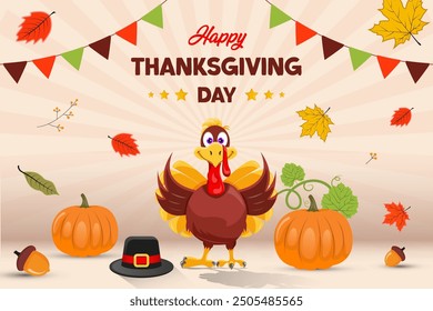 Background of thanksgiving celebration hand drawn design with turkey, pumpkin, and hat