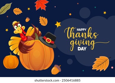 Background of thanksgiving celebration hand drawn design with turkey, pumpkin and hat. thanksgiving day banner template.