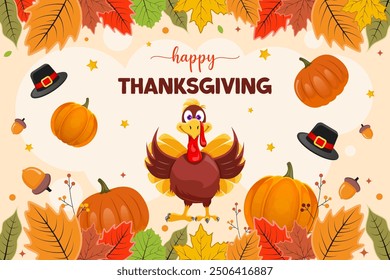 Background of thanksgiving celebration hand drawn design with turkey, pumpkin and hat. thanksgiving day banner template.