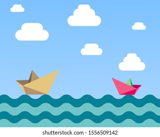 background that has a children's theme, two ships that are sailing in the high seas with blue sky and clouds