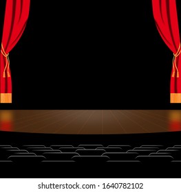Background theater scene. Theater scene for a poster or advertisement for a site. Concert scene with seats for the viewer and reflection on scene. Vector