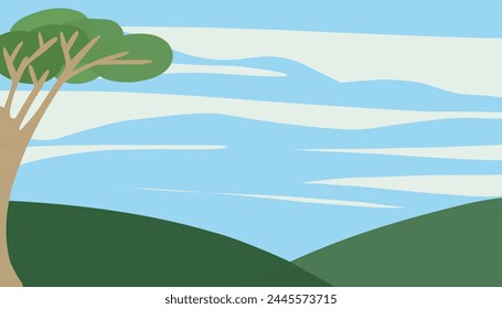 Fondo con un tema de montañas verdes y cielo azul. Perfecto para Fondos de pantalla, cubiertas de libros de cuentos, libros para niños