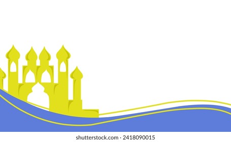 The background theme is Ramadan and Muslim holidays with a silhouette of a yellow mosque and blue waves.