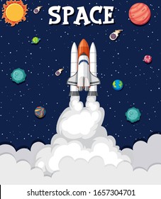 Background theme of space with rocket flying in the space illustration