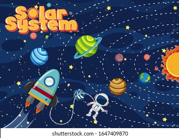 Background theme of space with spaceship and astronaut flying in space illustration