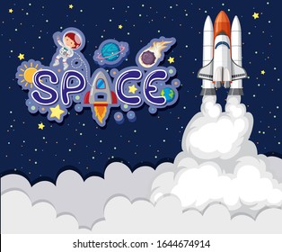 Background theme of space with spaceship flying in the sky illustration