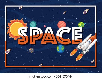 Background theme of space with spaceship and many planets illustration