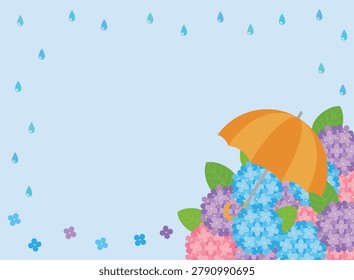 A background themed around the summer rainy season. Featuring a harmony of hydrangeas, umbrellas, and raindrops, it is ideal for seasonal marketing, greeting cards, events, and more.