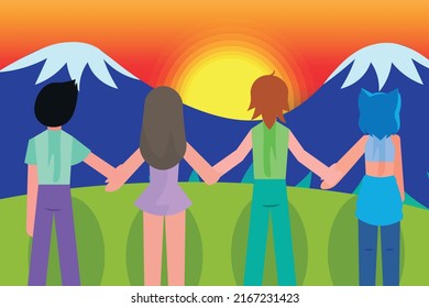 Background of They are standing and holding their hand together. They are enjoying and also they are watching the evening glow together. Friendship day concept