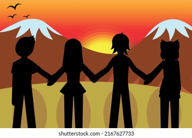 Background of They are standing and holding their hand together. They are enjoying and also they are watching the evening that almost end together. Friendship day concept