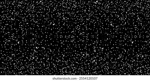 Background with thick falling snow on black background. Starry sky. Vector illustration of space texture. Seamless pattern of white paint splashes on dark.