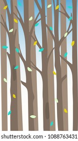 Background with a thicket of forest and falling leaves. Vector Illustration