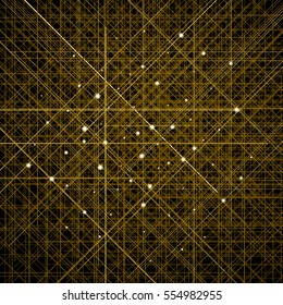Background with thin golden crossed lines. Cellular structure of contours with shining sparkles. Glittering stars in the centers of crossing. Glossy abstract decoration for banners and posters