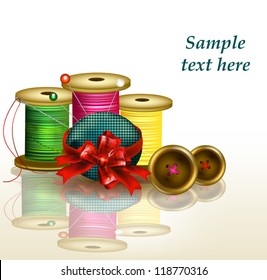 Background with thread, needles and bow. Fashion vector