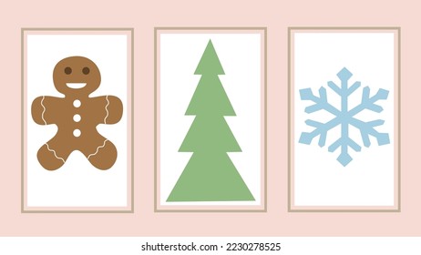 background with three frames and Christmas tree, snow frame, ginger man in pink color