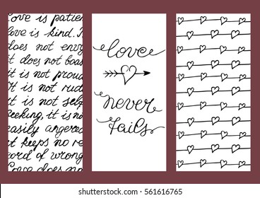 Background with three images with hand lettering Love never fails. Valentine s day. Calligraphy. Poster.