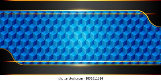 The background with a three-dimensional grid that is visible from the side. Abstract blue box background with black space and golden line. Vector illustration