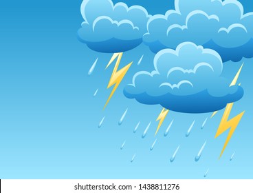 Background with thunderstorm. Cartoon illustration of clouds, rain and lightning.