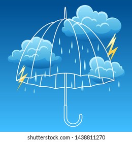 Background with thunderstorm. Illustration of umbrella, clouds, rain and lightning.