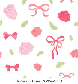 Background with tied bows, roses and leaves. Springtime, romantic garden seamless pattern. Doodle flowers and girly accessorizes. Vector illustration.