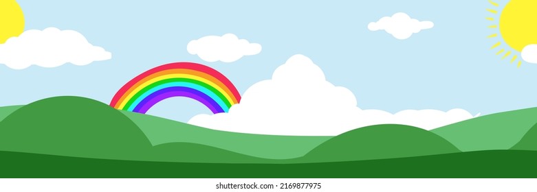 Panorama de la pradera feliz de fondo en el soleado día con caricatura arcoiris, papel de modelo para niños