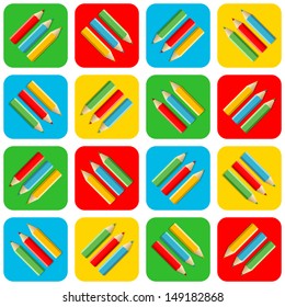 Background of tiles with colored pencils in four colors, illustration on the theme of school