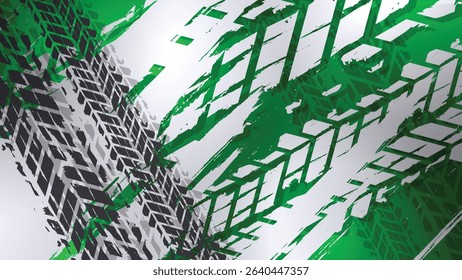 The background of the tire tracks vector is shades of green and gray, creating a fresh, fast and energetic feel for the automotive and extreme sports theme.