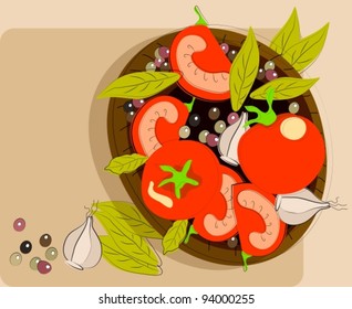 Background with tomato, garlic and spices on a plate,vector  illustration