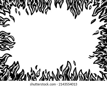 Background, tongue of fire around the edges. Fire frame. Line art sketch picture. Hand drawn.