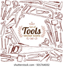 Background with tool icons. Sketch style illustration of repair tools for vintage decoration. Vector.