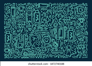 Background tools for brushing teeth. Beautiful Doodle poster Toothbrush, toothpaste and dental floss, teeth. Hand-drawn Doodle pattern in morning hygiene, the concept of care for the oral cavity