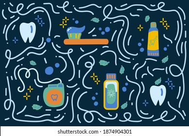 Background tools for brushing teeth. Cartoon pattern drawn in the vector Dental floss, Teeth, mouthwash, Toothpaste and toothbrush. Doodle illustration for dental care and oral hygiene. Set of Dental