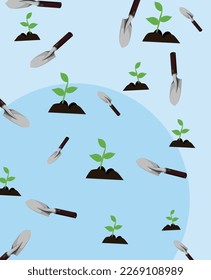 Background with tools for caring for plants in the garden and in the garden. A watering can for watering and irrigation with water, a shovel for loosening the soil and transplanting plants.