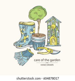 Background with tools for garden care: gloves, birdhouse, boots, flowers and a tree in a flowerpot. hand drawn.