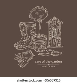 Background with tools for garden care: gloves, birdhouse, boots, flowers and a tree in a flowerpot. hand drawn.
